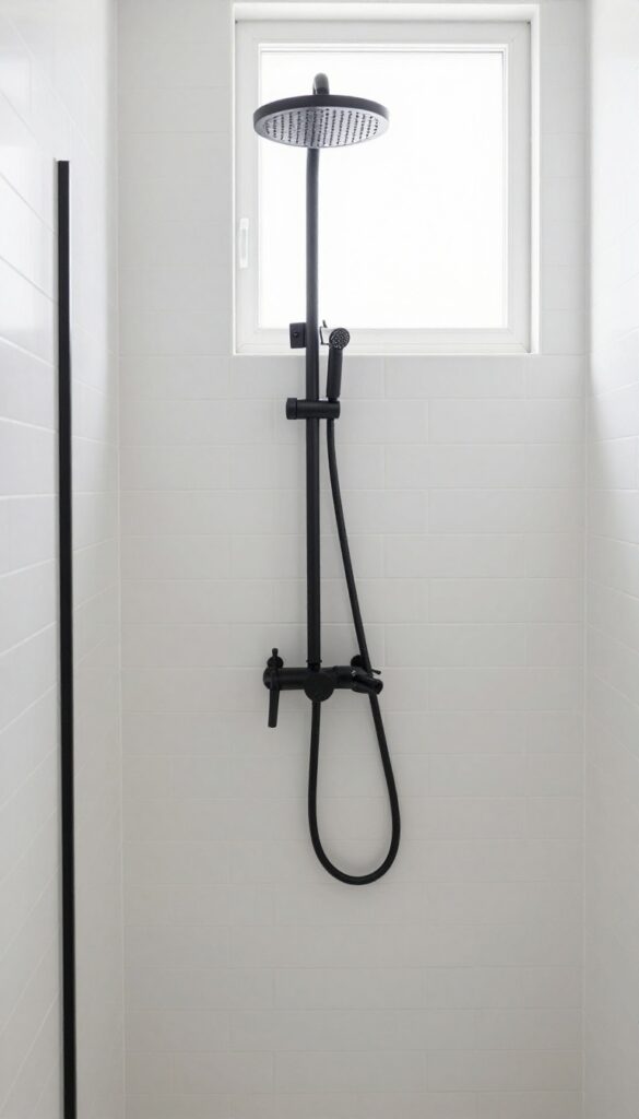 Modern bathroom shower with matte black slide bar and handheld showerhead on vertical tile wall