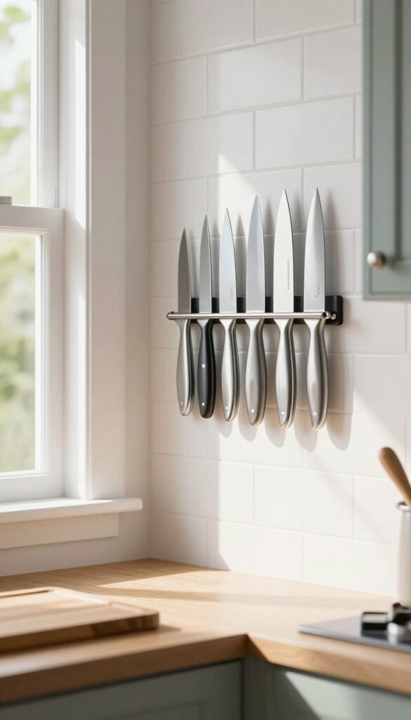 Magnetic knife strip mounted on a corner wall in a bright modern kitchen