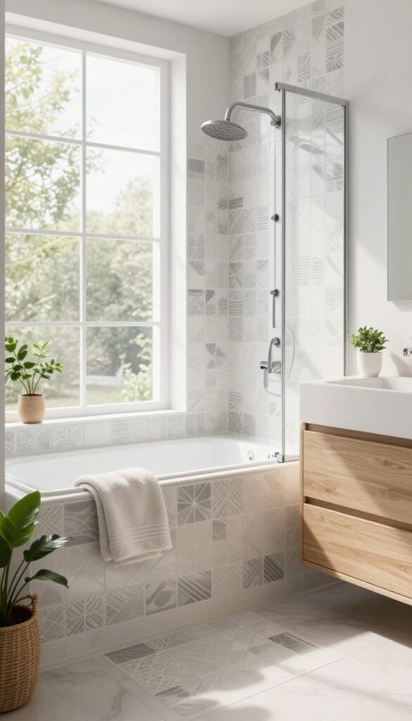 A bright bathroom with a walk-in shower and matching tile detail on the vanity backsplash, showcasing cohesive design in natural light.