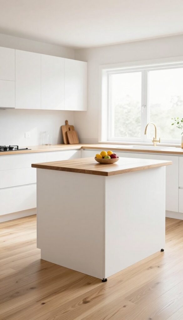 Slim rolling kitchen island with butcher-block top on casters in a narrow modern kitchen