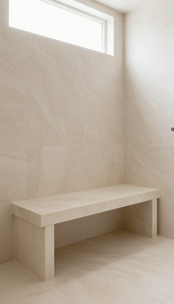 A stone shower bench integrated into a natural spa-inspired bathroom with bright natural lighting and clean composition.