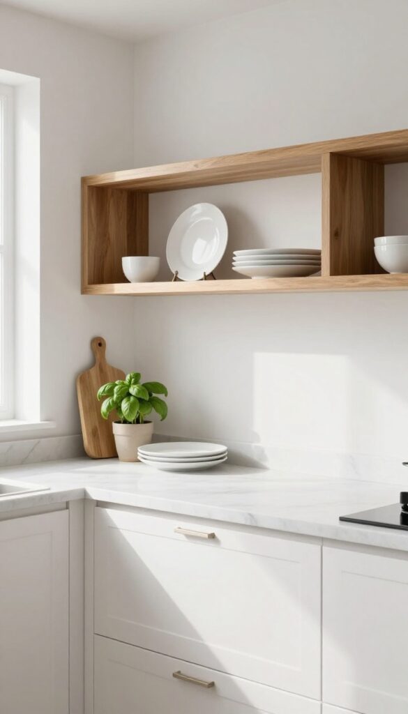 Bright kitchen with open oak shelving holding white dishes and a plant