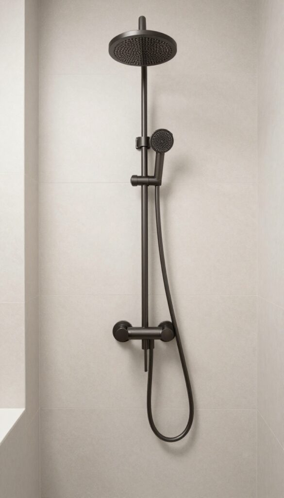 A modern bathroom shower with mixed metal fixtures in brushed nickel and matte black finishes against neutral tiles.