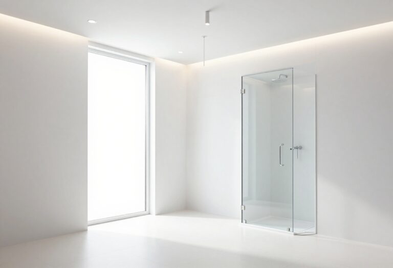 Modern bathroom shower with stylish ceiling lighting illuminating clean tiles and fixtures in a bright, polished space.