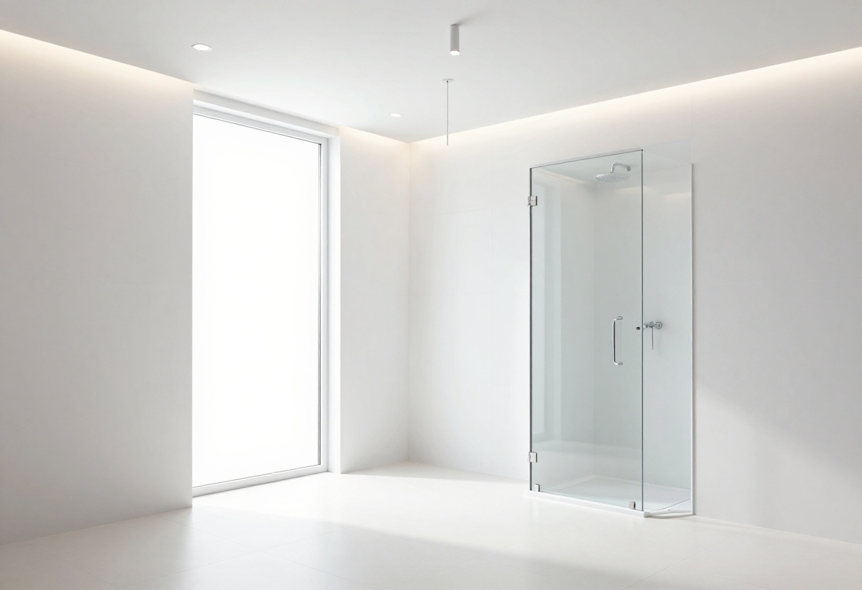 Modern bathroom shower with stylish ceiling lighting illuminating clean tiles and fixtures in a bright, polished space.