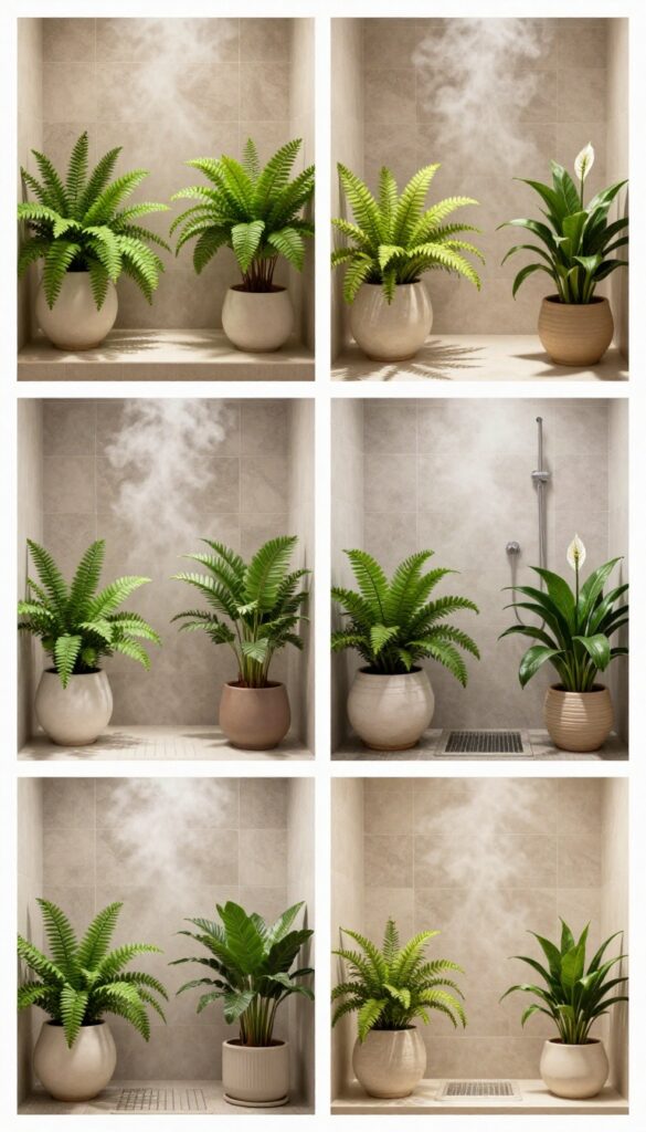 Steam shower with humidity-loving plants like ferns and peace lilies on shelves and in corners, creating a lush, spa-like bathroom retreat with natural light and clean decor.
