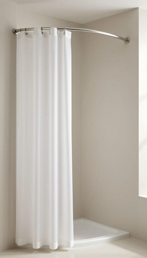 A quadrant shower room featuring a curved shower rod for enhanced visual flow and space, with a translucent white curtain and brushed nickel hooks in natural light.