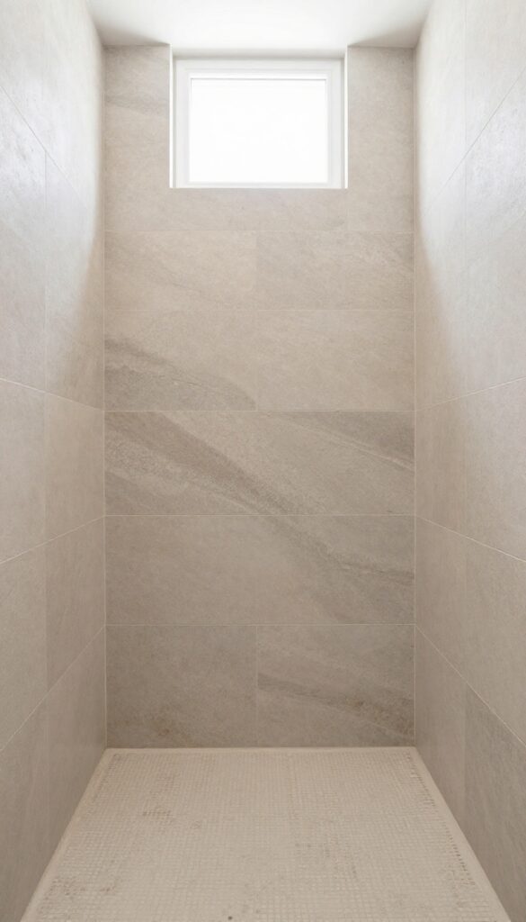 Interior of a shower with large-format stone-look porcelain tiles on the walls in a neutral beige color with subtle texture and thin grout lines, under natural lighting.