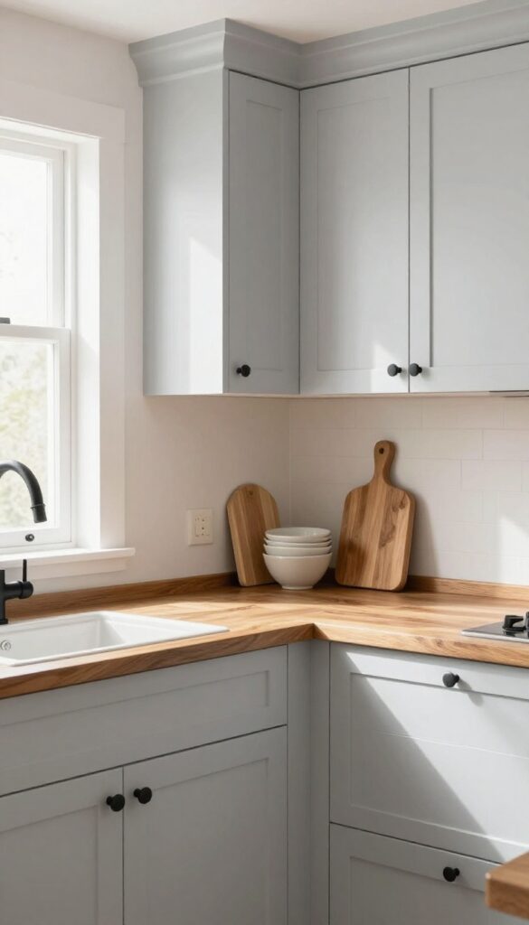 Soft gray kitchen cabinets paired with warm wood countertops and open shelving, creating a fresh and inviting Scandinavian-inspired space.