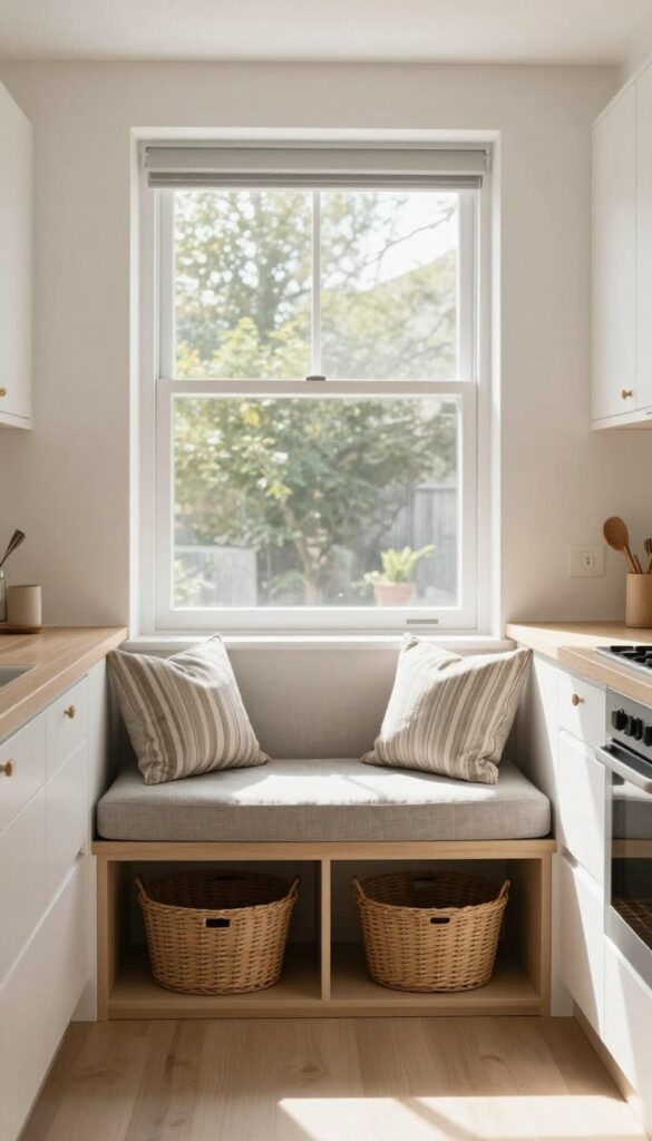 Slim window seat with hidden storage in a bright kitchen