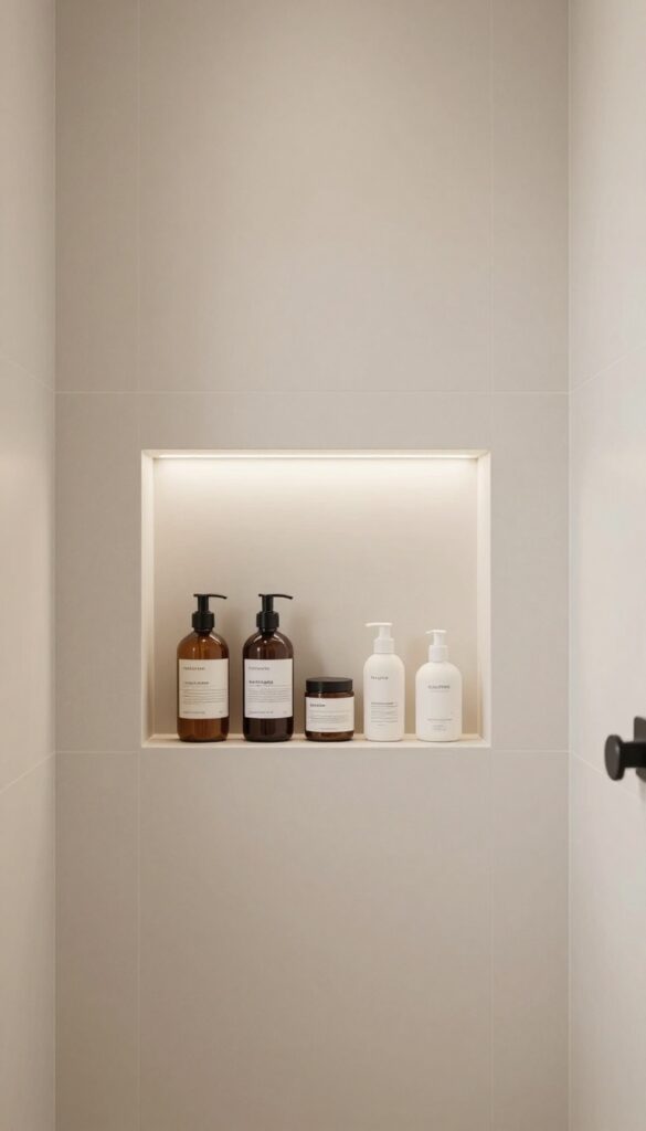 A built-in niche in a shower half wall with waterproof tile and LED lighting for storage and style in a modern bathroom.