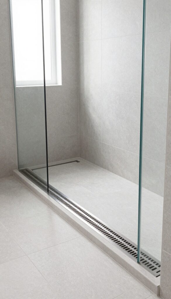 Modern bathroom with linear drain shower base and large-format stone tiles