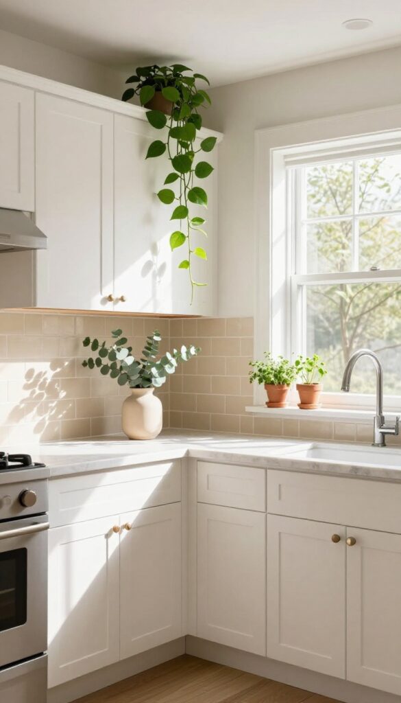 Beige kitchen with greenery including eucalyptus on counter, pothos on cabinet, herbs on windowsill, and fiddle leaf fig in corner.