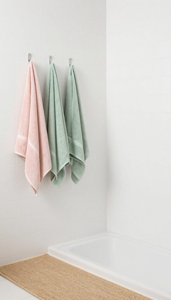A white tile shower with soft-colored towels and a rug to add warmth and comfort.