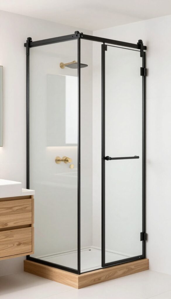 Small bathroom with sliding barn-style glass shower door, black matte hardware and wood header.