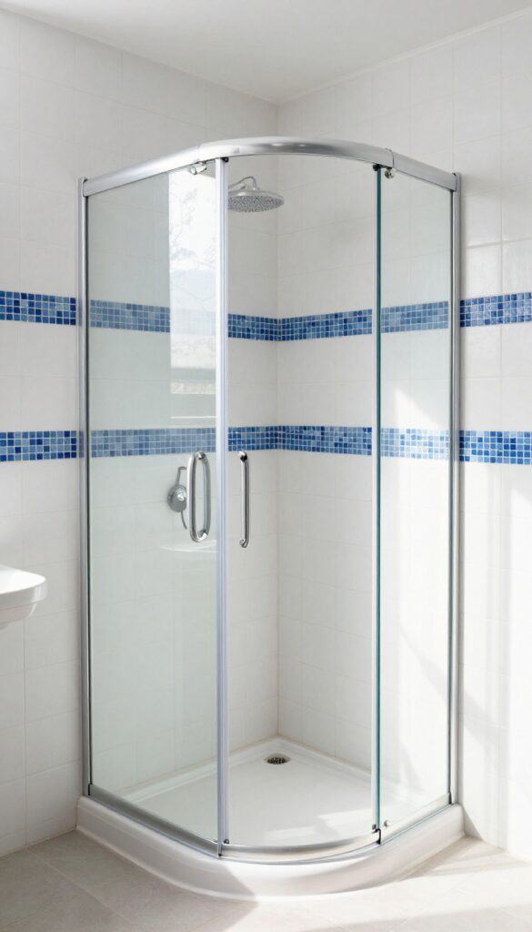 Neo-angle corner glass shower enclosure with curved sliding door in a bright, modern bathroom.