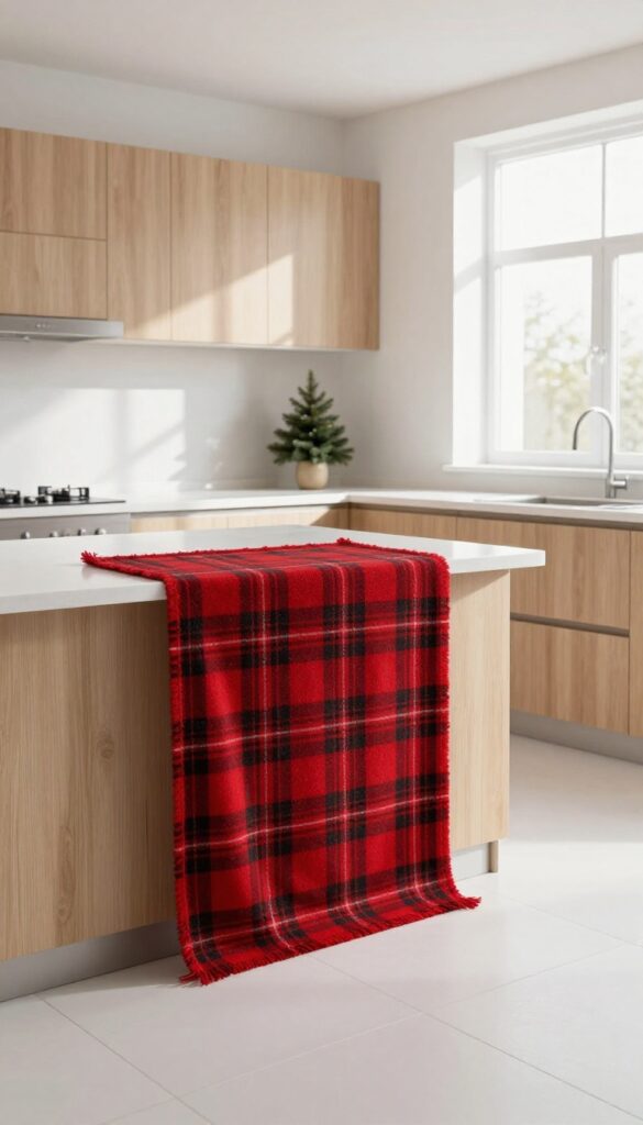 A festive plaid runner on a white tile kitchen floor in front of a sink, with natural light and subtle holiday decor.