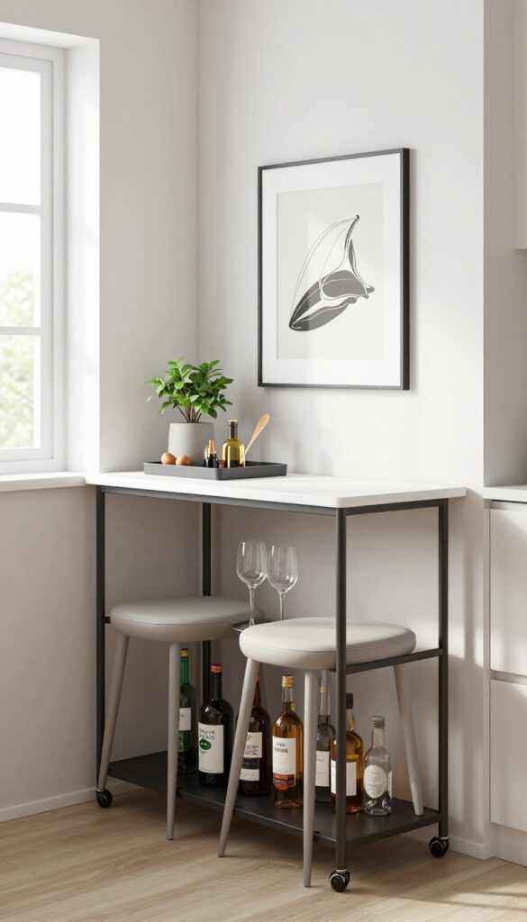A slim bar cart with stools tucked underneath in a bright kitchen corner