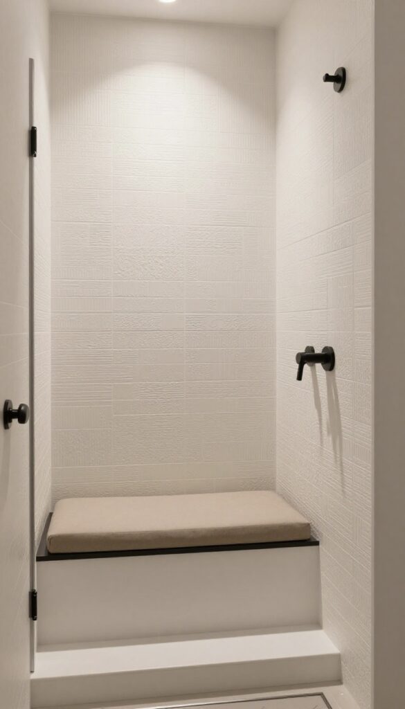 A shower with textured tiles and a cushioned seat, showcasing tactile appeal in a bright, natural light setting.