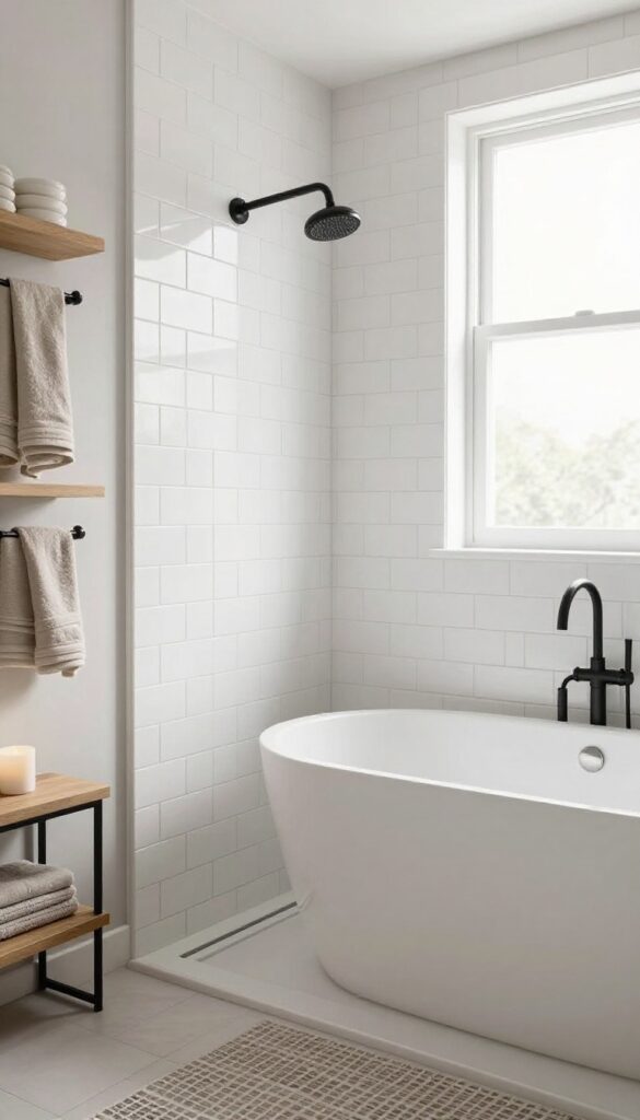 A bathroom with white herringbone subway tile shower walls and a freestanding tub with matte black fixtures.