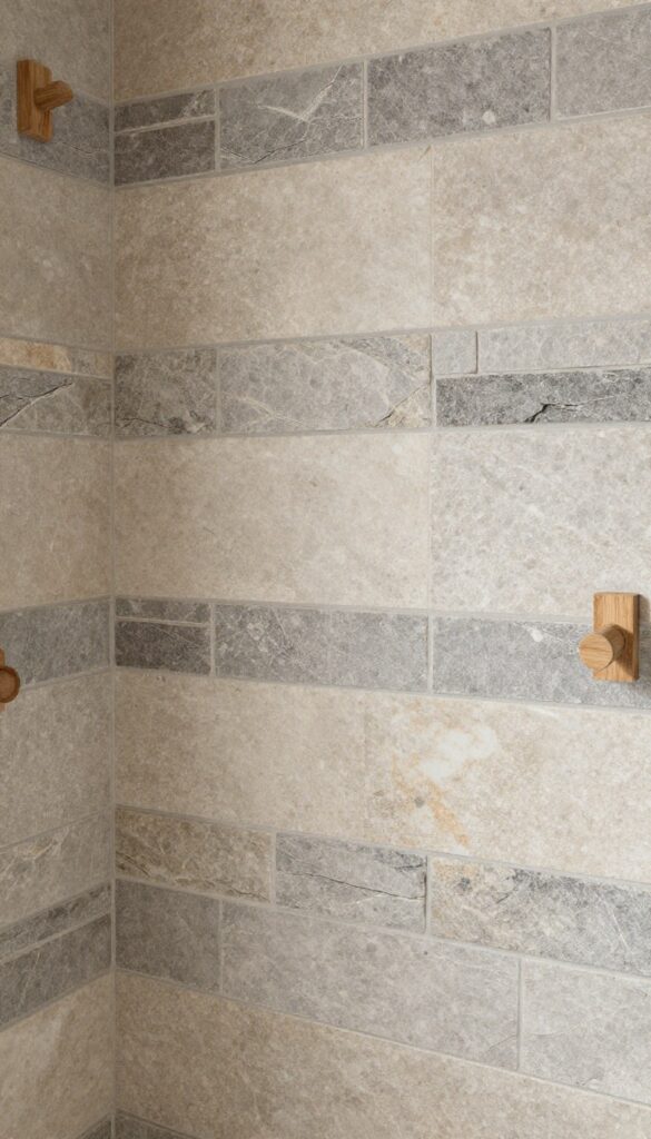 Close-up of layered slate and travertine stone tiles in a coastal shower, showcasing rustic texture and natural elegance with neutral colors and wood accents.