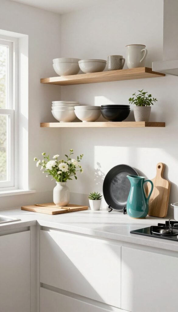 Open shelving with layered ceramics in a bright kitchen