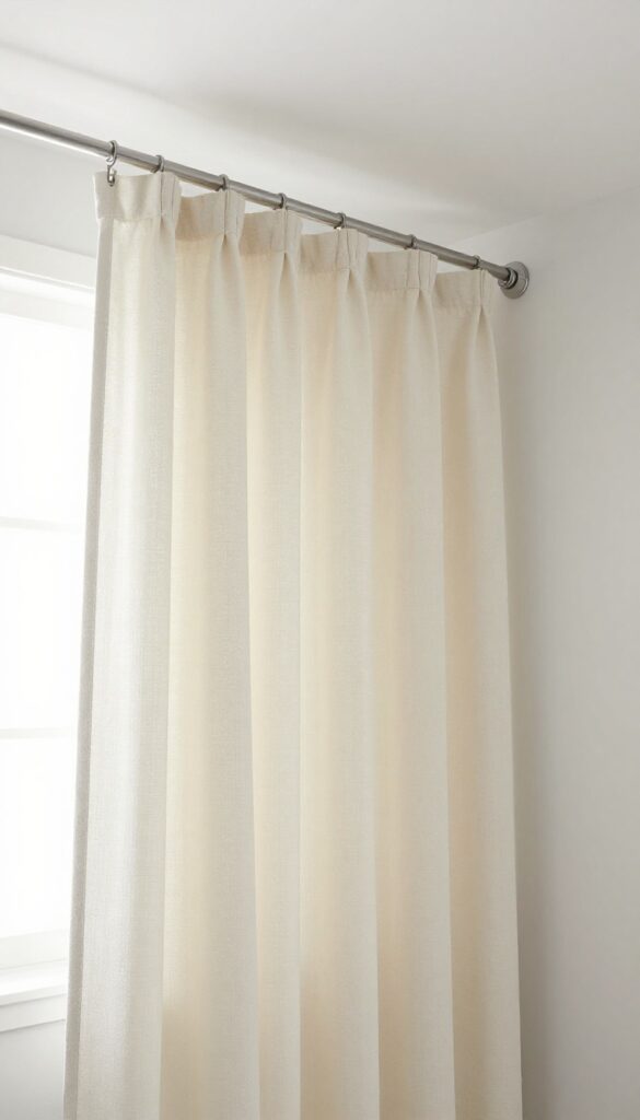 A bathroom with a ceiling-mounted shower curtain hung high to make the space feel taller and more styled.