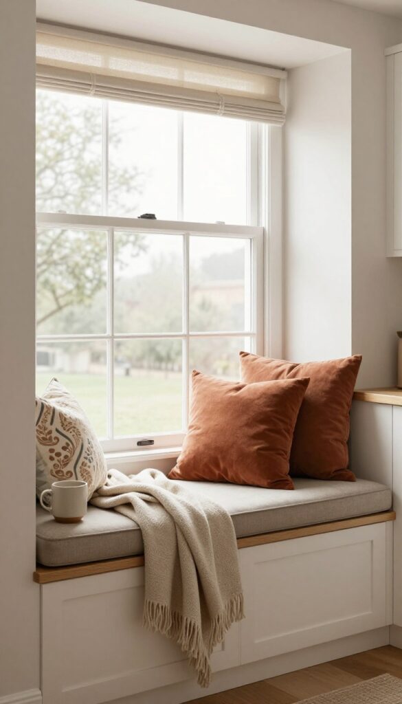 Cozy kitchen window nook with cushions and natural light