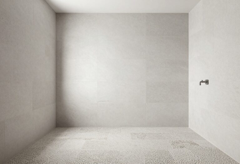 A serene bathroom shower with stone walls and pebble floor in natural light for a home decor blog on spa-inspired designs.