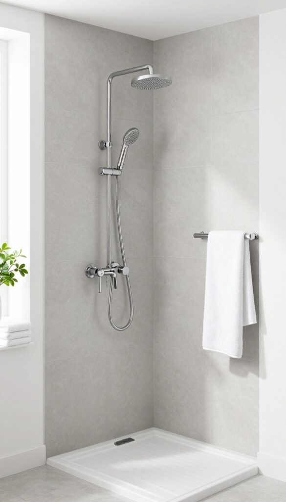 Modern bathroom shower with grey tiles and white walls for clean contrast in bright natural light