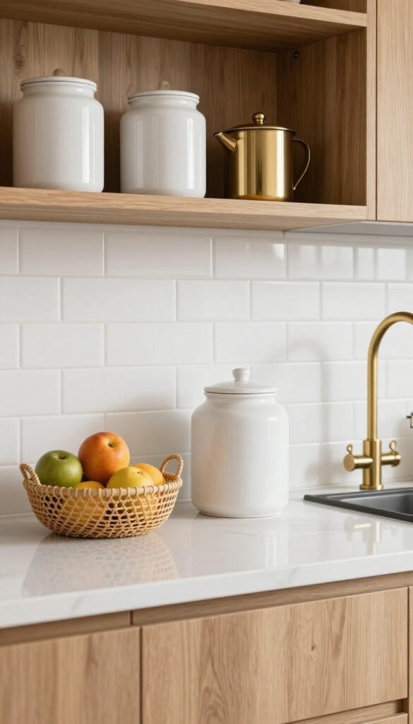 Matte white peel-and-stick subway tile backsplash in a bright kitchen with wood shelves and brass fixtures