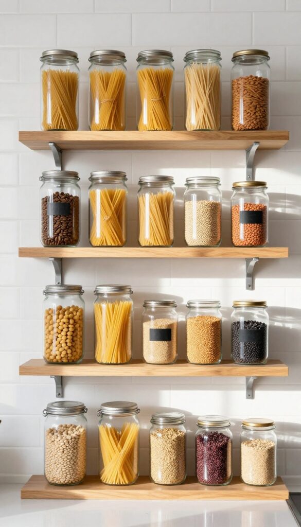 Open shelves with uniform glass jars for dry goods in a bright kitchen