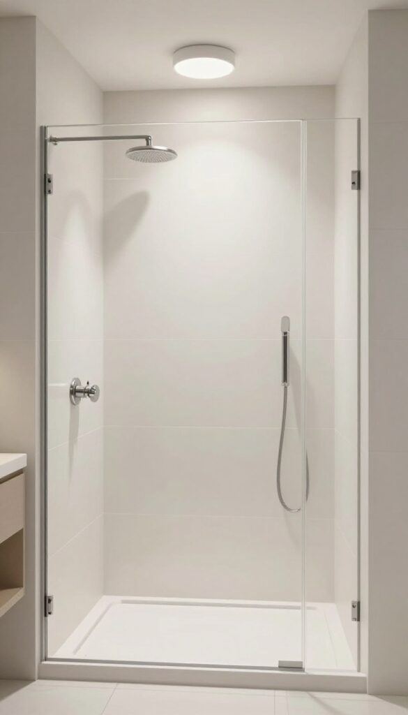 A rustic pony wall shower with textured stone tiles and natural light in a polished bathroom.