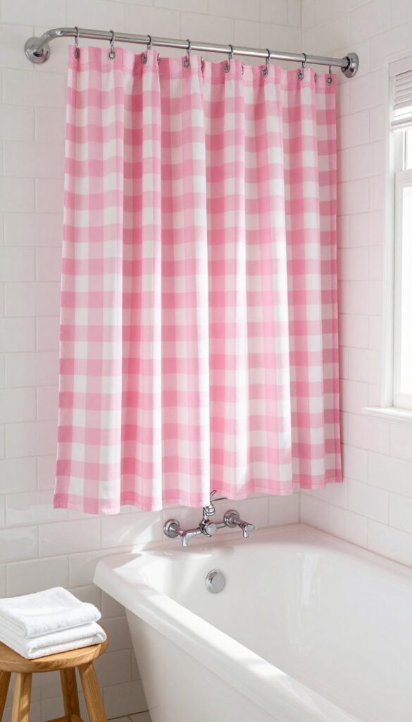 Vintage-inspired gingham shower curtain in pastel pink and white in a bright bathroom with subway tile and chrome fixtures