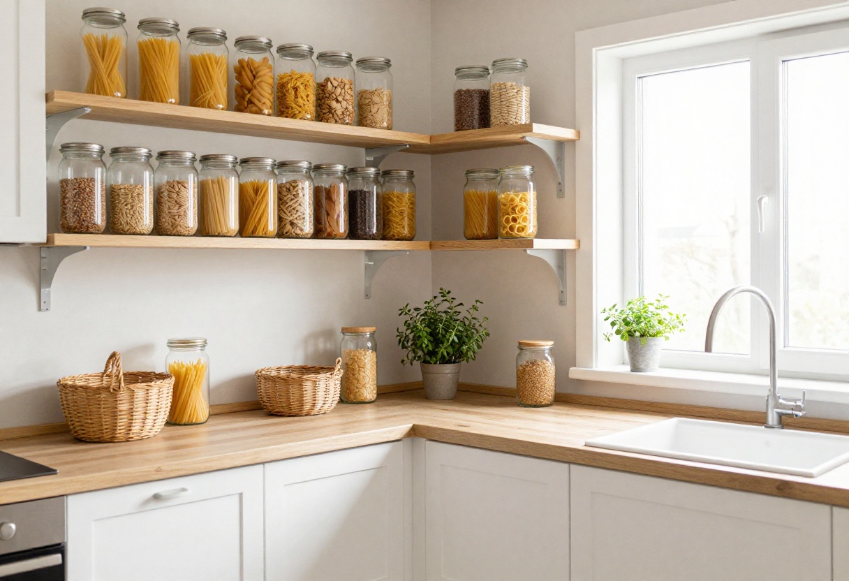 Bright kitchen with organized open shelves featuring clear jars and woven baskets