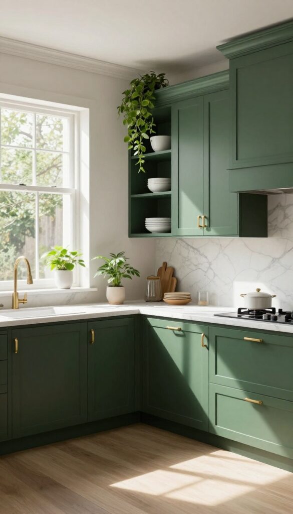 Dark forest green kitchen cabinets with brass hardware and marble countertops in bright natural light