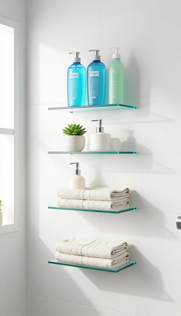 Floating glass shelves in a modern bathroom shower with curated bath products under bright natural light