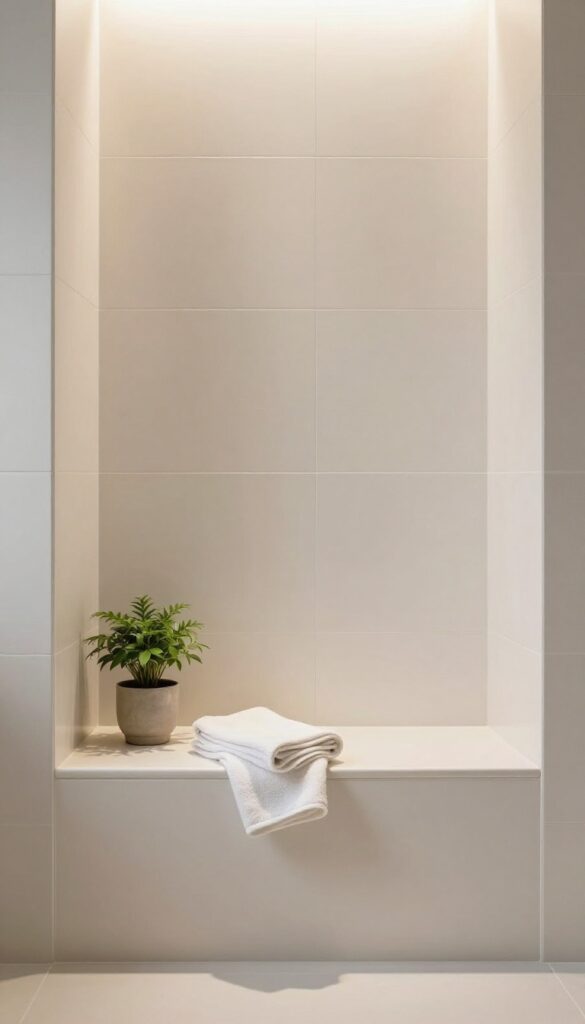 A tiled niche seat with recessed lighting in a shower, showcasing built-in seating without floor space.