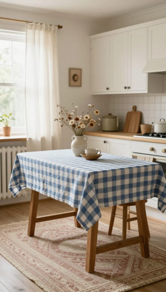Cozy vintage kitchen with linen curtains, gingham tablecloth, and braided rug in soft natural light