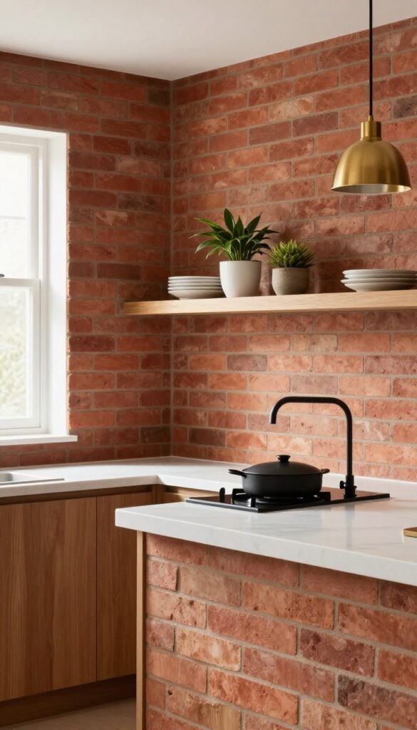 Thin brick veneer backsplash in a bright kitchen with white countertops and black fixtures