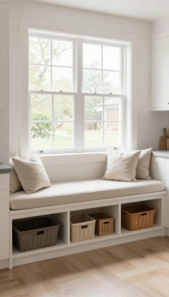 Bright kitchen with under-window bench seat featuring hidden storage, neutral cushion, and soft pillows.