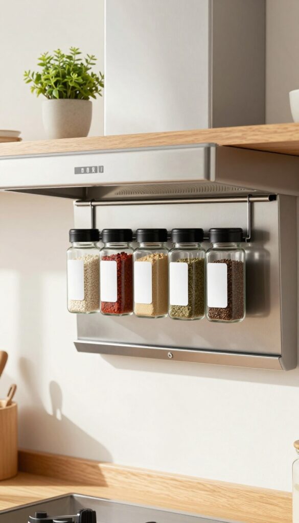Magnetic spice rack on range hood with uniform jars and herb plant