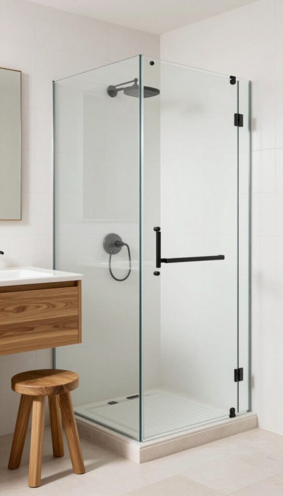 A standing shower area with wood-look elements including a floating oak vanity and teak stool, set against white tile and glass in bright natural light.