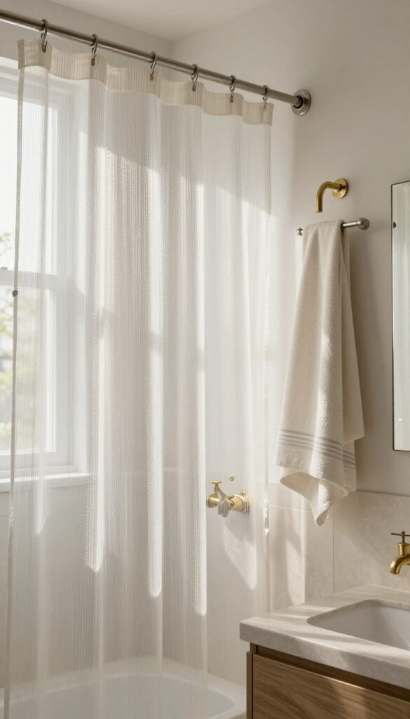 A modern bathroom with a metallic-accented shower curtain reflecting light, set against matte stone and wood finishes, showcasing a luxurious yet practical design for home decor inspiration.