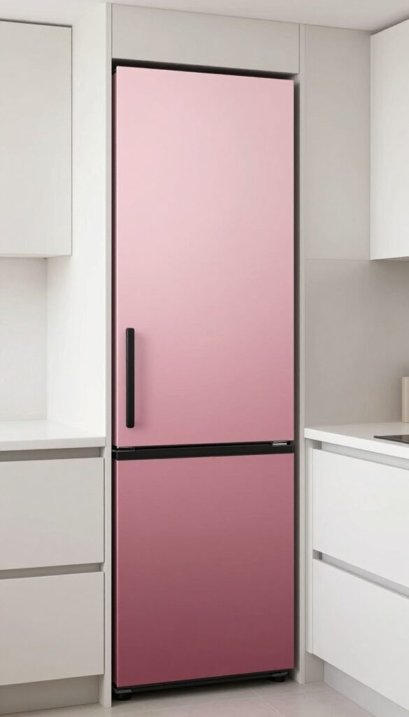 Kitchen pantry door with ombre paint effect from pastel pink to dusty rose, neutral surroundings, bright natural light.