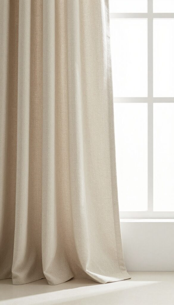 Neutral bathroom curtains with embroidery and woven textures in a minimalist setting with natural light and wood accents.
