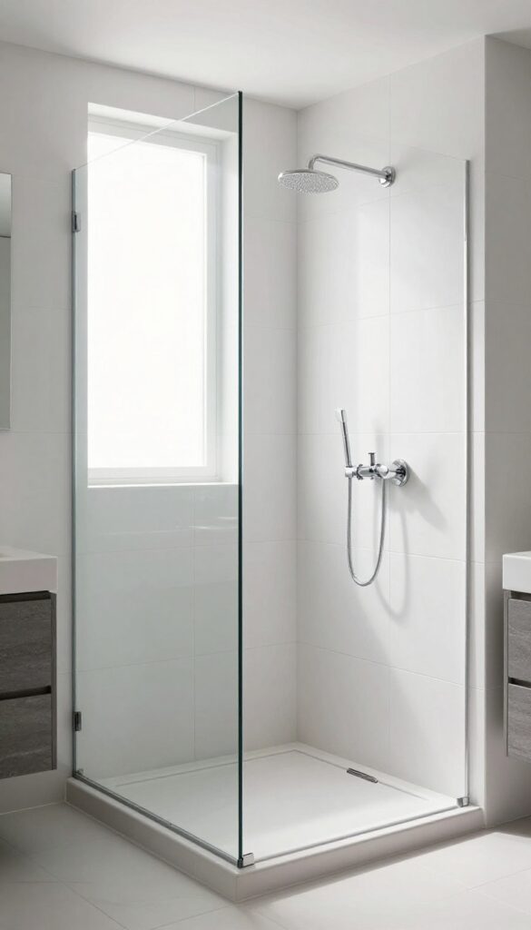 A modern bathroom with a stand-up shower partially enclosed by a sleek half wall and clear glass panels, allowing privacy while keeping the room visually open under bright natural light.