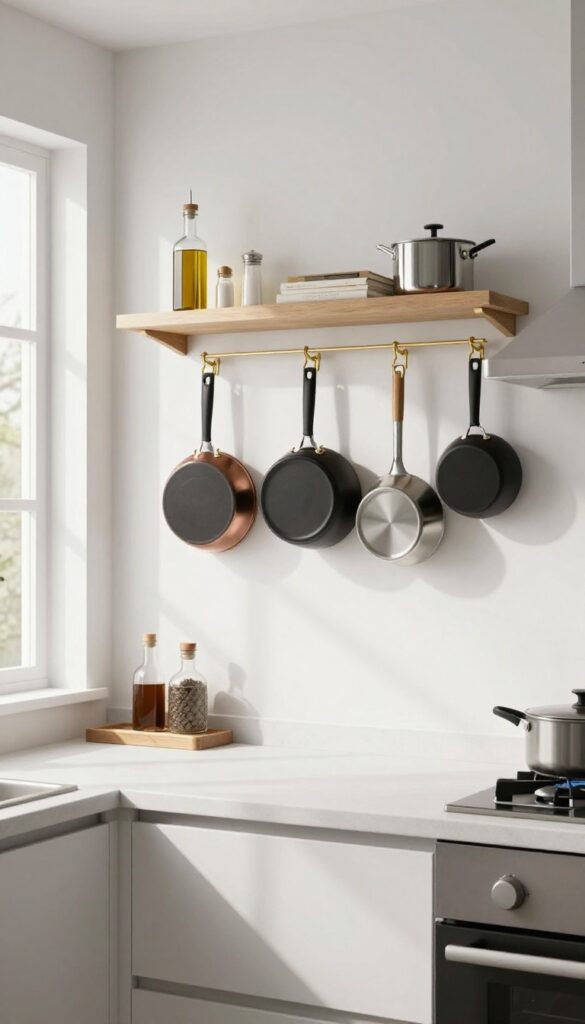 Modern kitchen with a white pegboard wall displaying hanging pots and pans in a clean, organized arrangement.