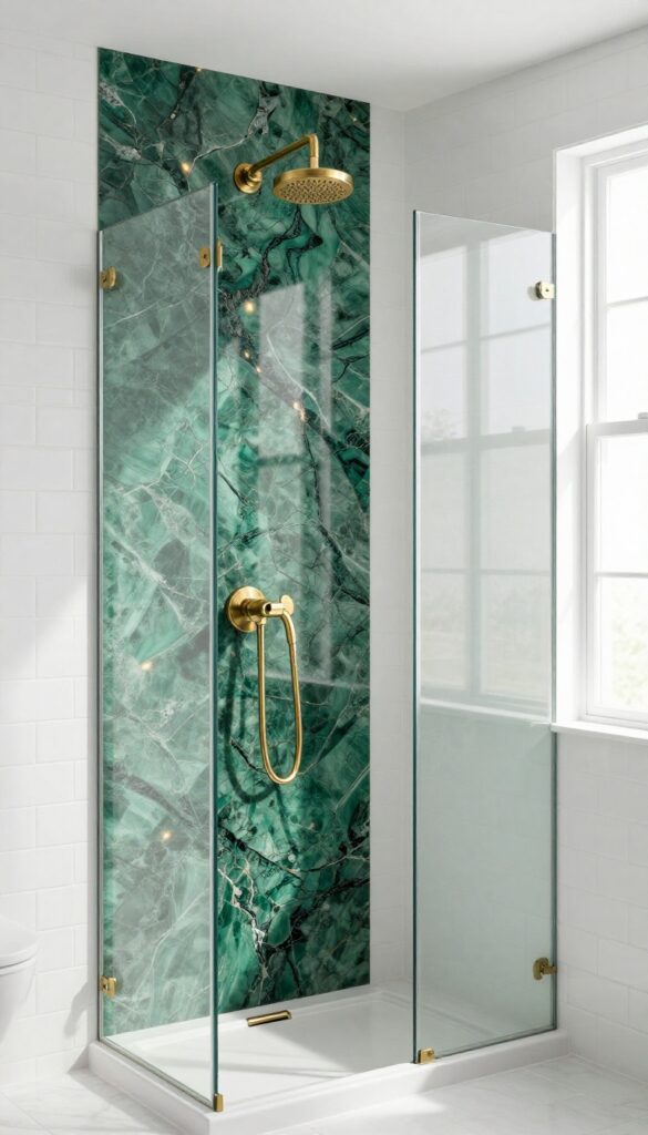Luxurious shower with emerald green onyx accent wall, white subway tile, and brushed brass fixtures