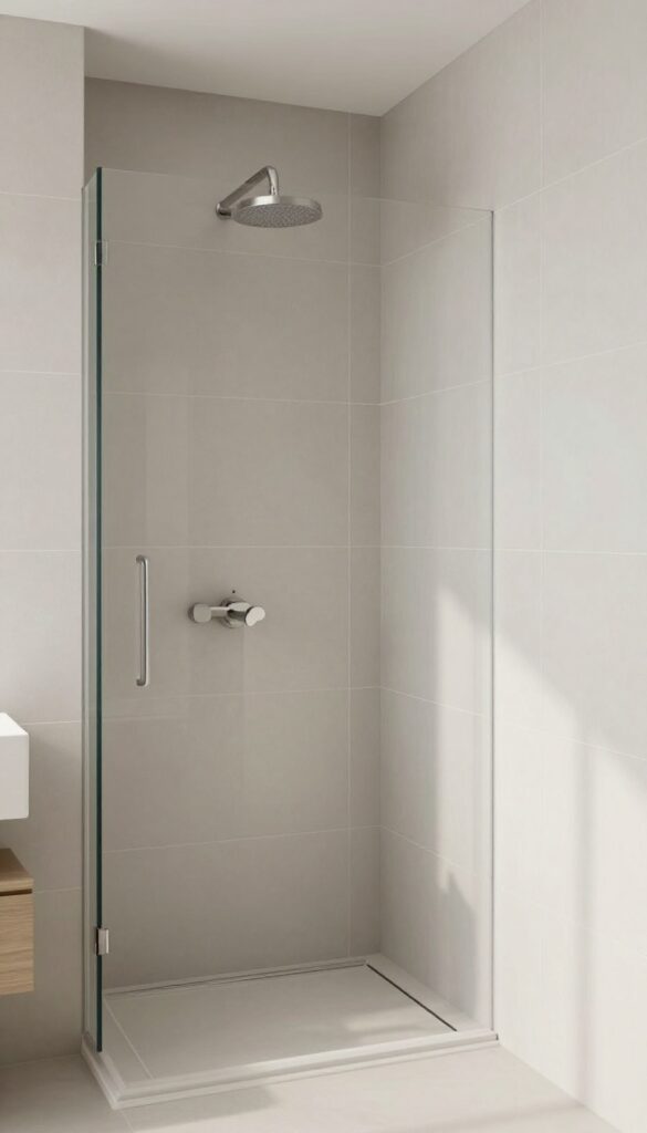 A walk-in shower with large-format tiles in soft gray or beige for a seamless look, featuring minimal grout lines and modern fixtures under bright natural light